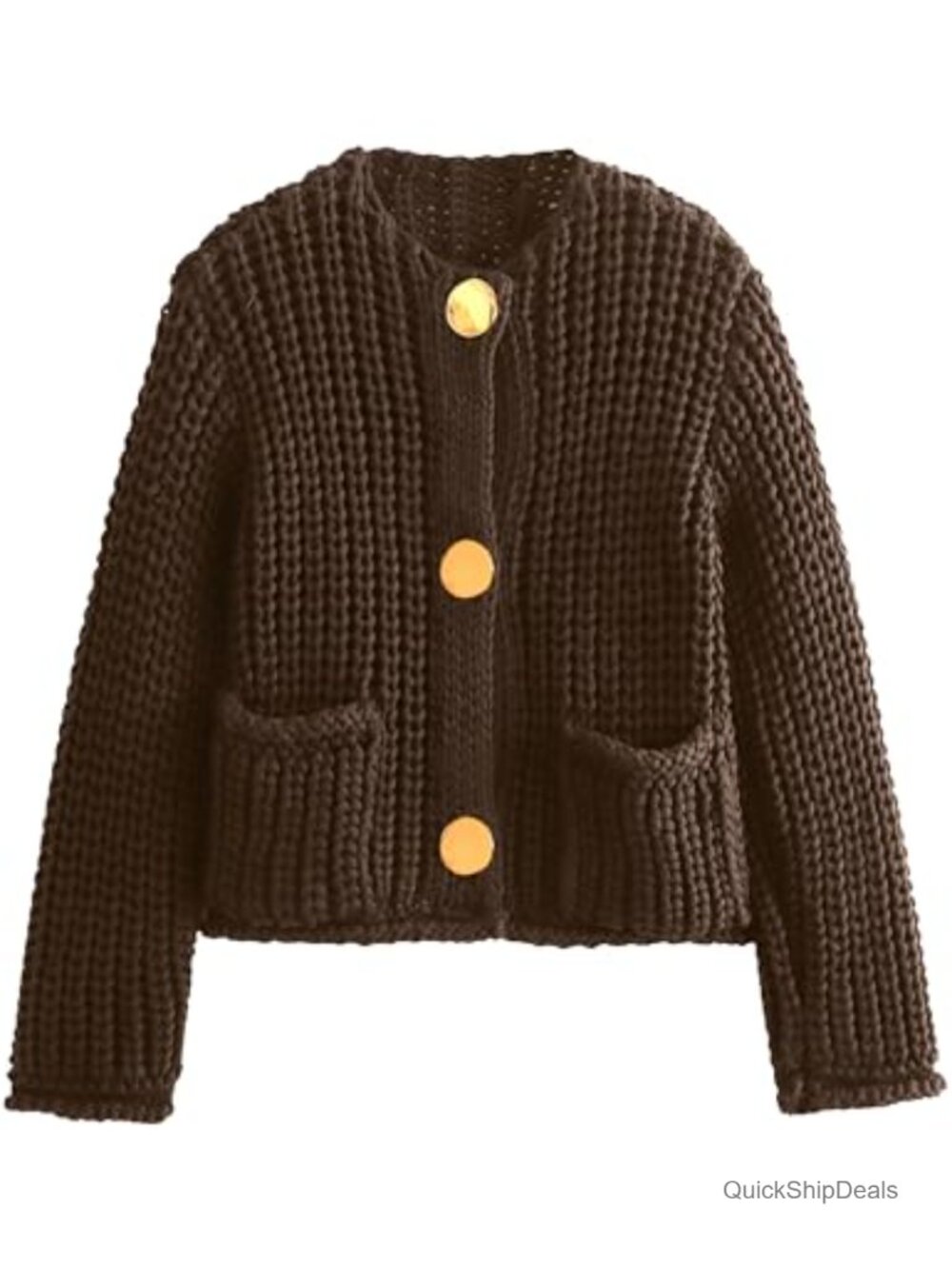 Womens Chunky Knit Cardigan Gold Button Down Long Sleeve Crop Sweater
